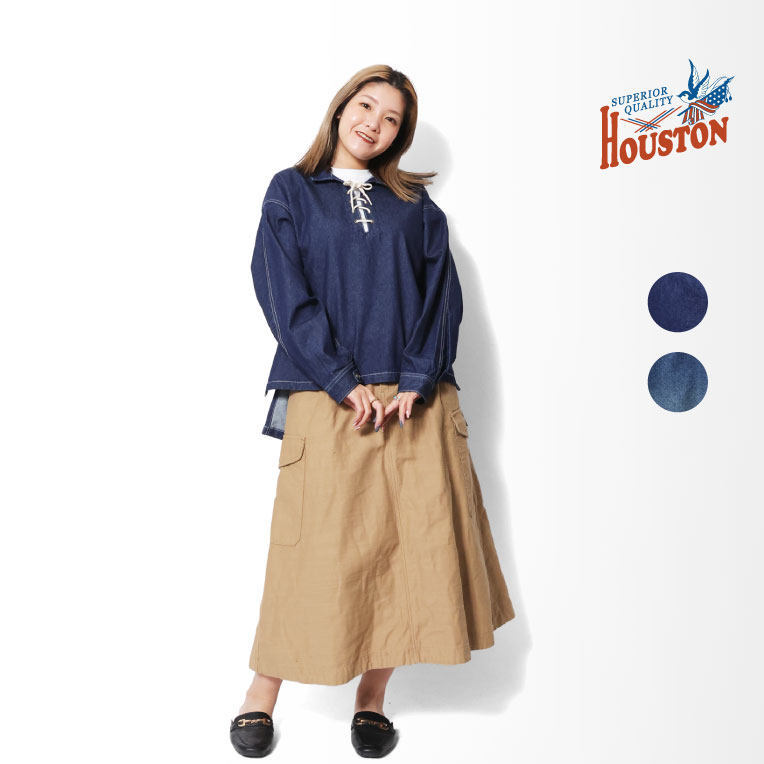 HOUSTON woman / ヒューストン ウーマン 4038W DENIM LACE UP SHIRT / デニムレースアップシャツ -全2色- 無地 レディース 長袖シャツ シンプル 大きめ オーバーサイズ 経年変化 ヴィンテージ アメカジ ミリタリー [4038W]