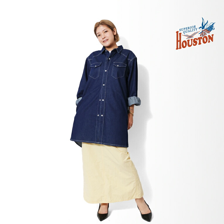 HOUSTON woman / ヒューストン ウーマン 4039W DENIM WESTERN TUNIC / デニムウェスタンチュニック -全1色- 無地 レディース ワンピース シンプル ワンサイズ オーバーサイズ ウェスタンシャツ ヴィンテージ アメカジ ミリタリー [4039W]｜HOUSTON店