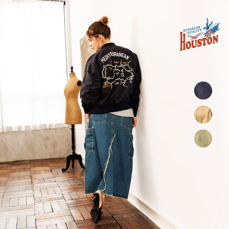 HOUSTON woman / ヒューストン ウーマン 5036W BACK SATIN EMBROIDERY MA-1 / バックサテン刺?MA-1 -全3色- 刺繍 フライトジャケット ドロップショルダー ヴィンテージ アメカジ ミリタリー [5036W]