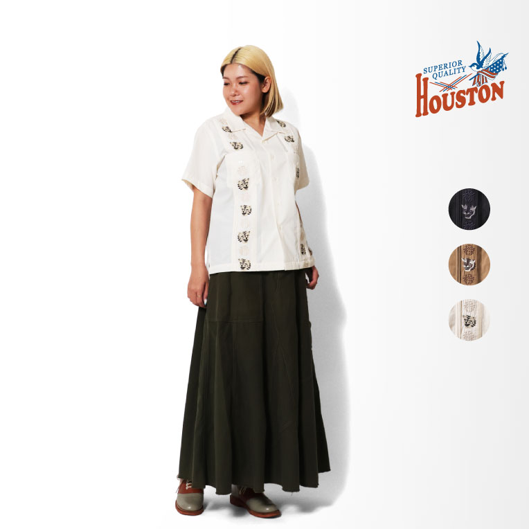HOUSTON woman / ヒューストン ウーマン 4062W EMB CUBA SHIRT (虎福) / 刺繍キューバシャツ -全3色- 刺繍 半袖シャツ 丈夫 シンプル 開襟シャツ 夏 重ね着 ヴィンテージ アメカジ ミリタリー [4062W]｜HOUSTON店