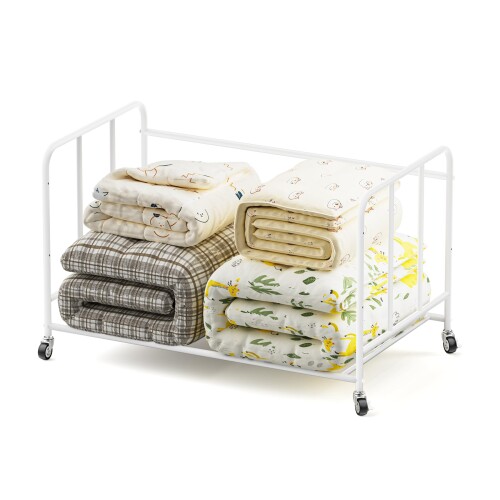B&E 布団収納ラック キャスター付き 押し入れ 幅104cm 奥行63cm 布団 収納 ラック クローゼット ふとん 高さ3段階調節 ふとんラック ふとん収納 棚 収納 押し入れ収納 ワゴン (ホワイト)