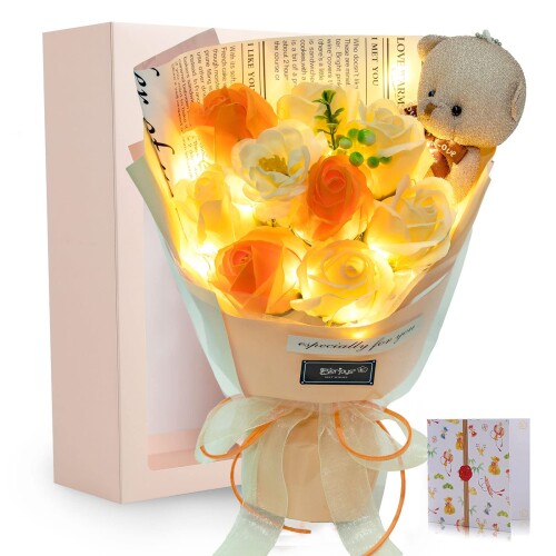 光る LED ライト 付き ソープフラワー 花束 バラ 造花 可愛いくま 誕生日 母の日 父の日 母のひプレゼント 敬老の日 お祝い 女性 退職祝い 結婚祝い 花 発表会 フラワー ブーケ 石けん あ