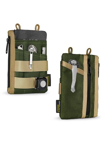 VIPERADE VE16N EDC Pouch, Pocket Organizer for Men, 5 EDC Pocket Pouch with 2 Zipper Pockets, Slim EDC Wallet EDC Pocket Organizer Pouch Multitool Pocket Pouch for Everyday Carry (グリーン/タン)