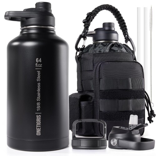 OneTigris 水筒 1.9L ステンレスボトル セット ミリタリー風 保温保冷 水筒カバー付き 3個交換蓋 2Xストロー 1Xブラシ 広口 漏れ防止 お手入れ簡単 炭酸対応 登山、キャンプ、スポーツ、ジム