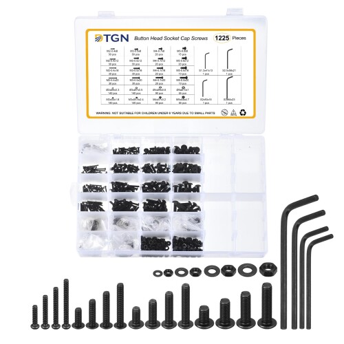 DTGN 1225個M2 M3 M4 M5ボタンヘッドソケットキャップねじ - 炭素鋼ボルトナットセットワッシャーアソートメントキット＆レンチ - ロードバイク マウンテンバイク オート用に適用