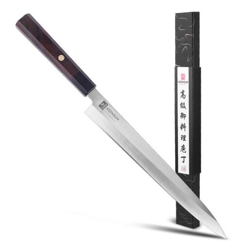KEENSUN 包丁 刺身包丁 刃渡り270mm AUS-8ステンレス鋼 正夫 柳刃包丁 片刃 右利き 料理用 業務用 家庭用 魚 生魚 切る プレゼント 八角型ハンドル素材は花釘の黒檀と黒い牛角