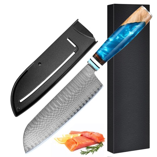 Utaki 両刃ダマスカス・三徳包丁 白波流砂刃紋のダマスカス（VG-10鋼芯） 刃渡り177mm・全長312mm V金10合鋼芯 野菜、肉、魚と何にでも対応