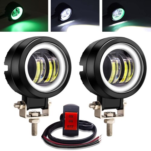 Aoling バイク フォグランプ LED カットライン イカリング スイッチ付き ヘッドライト 補助灯フォグランプ小型、12V24V兼用 丸型 広角 2個 メインホワイト＋イカリング (白+緑)