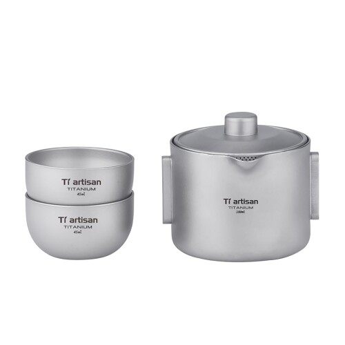 Ti artisan チタン製茶器セット, 二重構造急須と湯呑, 180ml, 収納袋付き, 軽量アウトドア・旅行用 (サンディング)