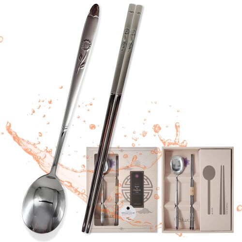 Balwoo (5 Sets) 韓国風 スプーン 箸 セット sus430 ステンレス スチール 金属 スプーン 箸 韓国 食事道具 Mirror Finish 有光表面 (ひまわり)
