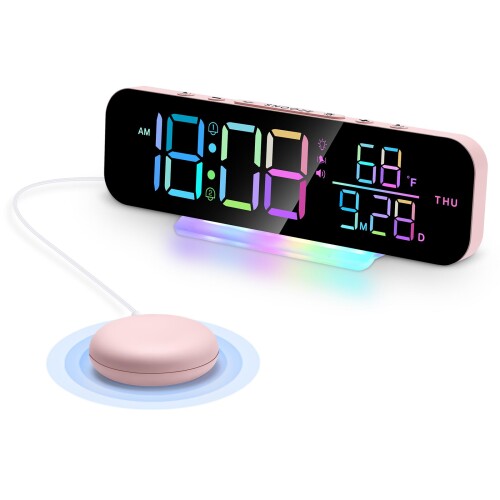 LAEYI 振動式 目覚まし時計 3つアラームモード壁掛け時計 RGB 大音量 置き時計 掛け時計 高齢者/視覚聴覚障害者に向け 輝度調整 温度表示 時間設定記憶 多機能 USB スヌーズモード アラーム