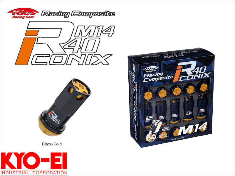 [KYO-EI_Kics]レーシングコンポジットR40 M14&times;P1.5アイコニックス_アルミ製キャップ付ホイールナット(ブラック&times;ゴールド)【RIA-14KA】｜シート・レール専門ユニプロ