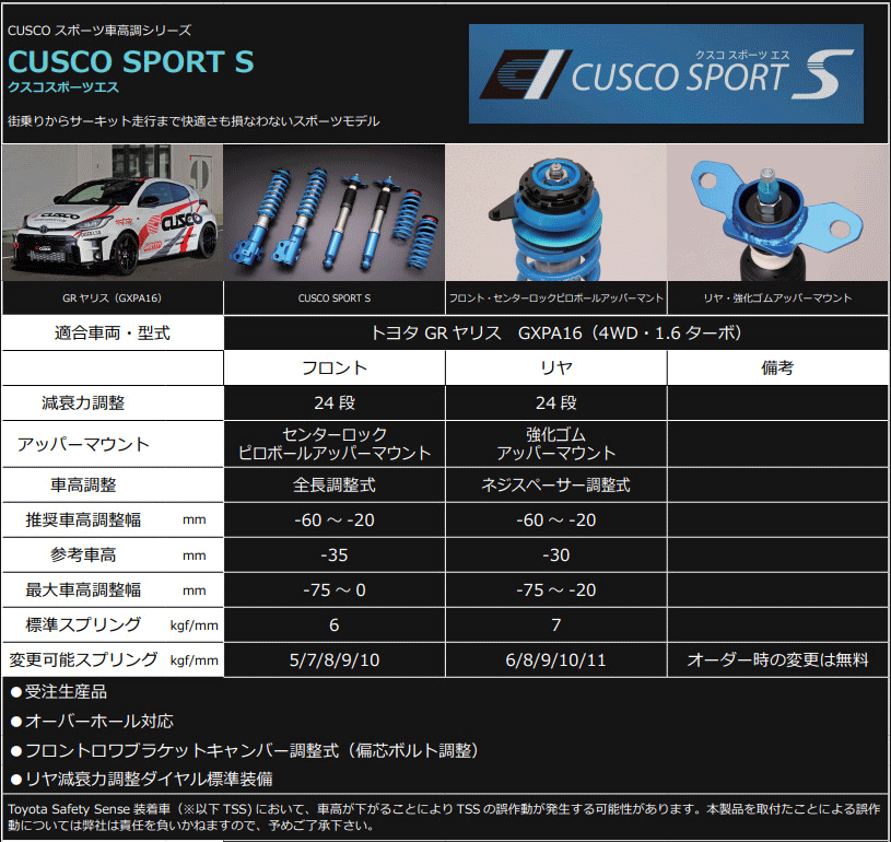 Cusco Sport S Gxpa16 Grヤリス R02 09 用クスコ車高調整式サスペンションキット 1c7 64s Cn Lunarhomesdurgapur Com