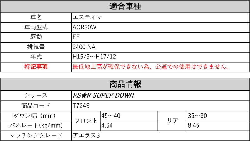 Rs R Rs R Super Down Acr30w エスティマ アエラスs 2wd 2400 Na H15 5 H17 12 用競技専用ダウンサス T724s Butlerchimneys Com