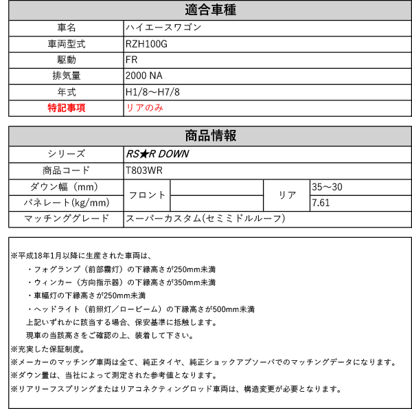 Rs R Rs R Down Rzh100g ハイエースワゴン スーパーカスタム セミミドルルーフ リアのみ 2wd 00 Na H1 8 H7 8 用車検対応ダウンサス T803wr Centralelectricals Com