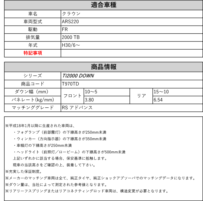 Rs R Ti00 Down Ars2 クラウン Rsアドバンス 2wd 00 Tb H30 6 用車検対応ダウンサス T970td Rvcconst Com