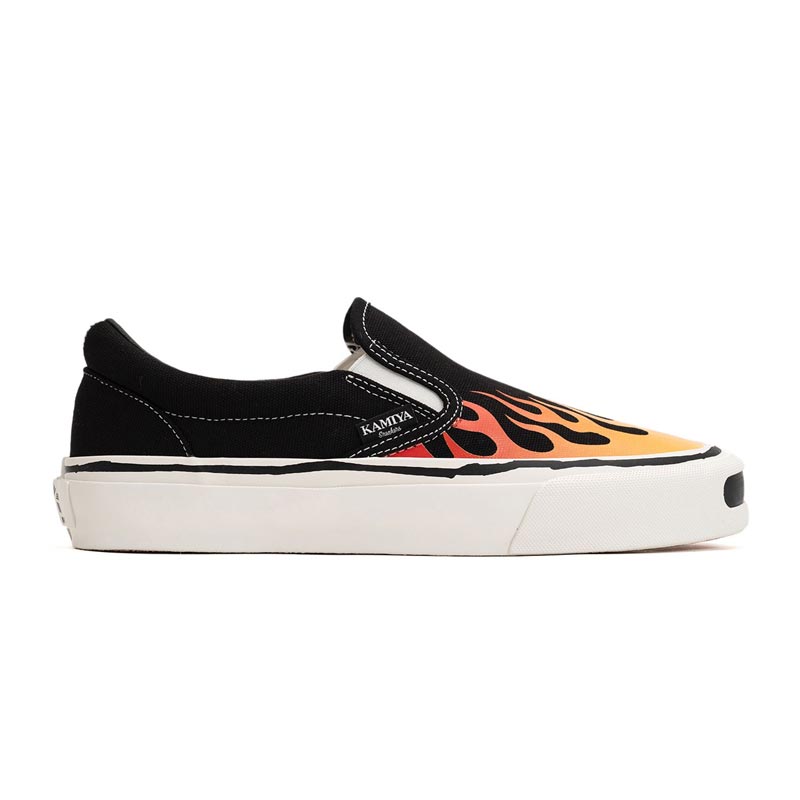 KAMIYA カミヤ G14FW704 "Cornnell" Fire Pattern Vulcanized Slip on Sneaker ブラック メンズ スニーカー シューズ 2025年春夏 送料無料|ユニークジーンストア
