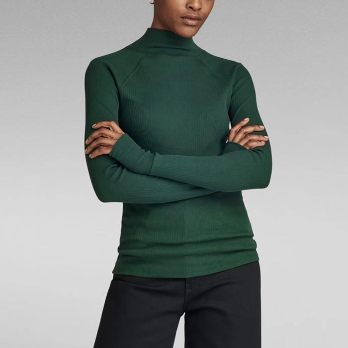 G-STAR RAW ジースターロウ D23339-D289-4287 Slim Rib Mock Top Laub スリム リブモックネック ニット グリーン ルーズフィット ラグランスリーブ リブジャージー レディース｜ユニークジーンストア