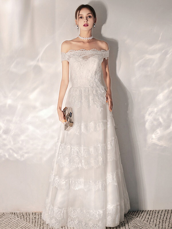 ドレス 大きい 前撮り 発表会 海外挙式 シンプル 花嫁 ワンピース ブライダル ロングドレス 披露宴 ウェディングドレス オフショルダー ブライダル パーティードレス ふわふわスカート 後撮り 結婚式 成人式 披露宴 演奏会 発表会 セミオーダー 編み上げ Unique Weddings