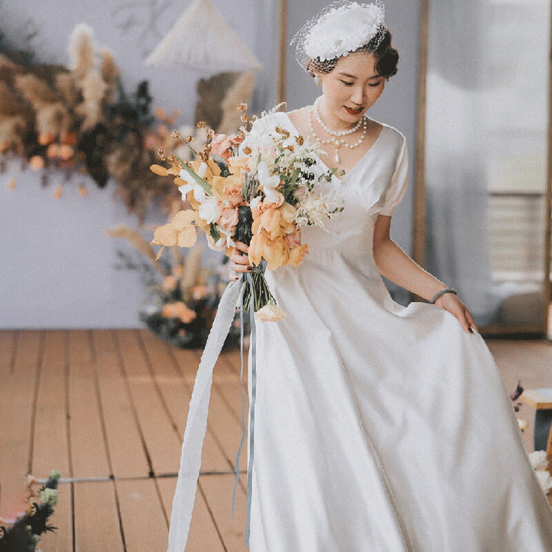 海外挙式 wedding dress ロングドレス 半袖 花嫁 ウェディングドレス 二次会 パーティードレス シンプル 前撮り ドレス 結婚式 フォーマルドレス 成人式 ブライダル ロングドレス 後撮り レディース ワンピース 優雅 挙式 披露宴 演奏会 発表会 セミオーダー/編み上げ｜unique weddings