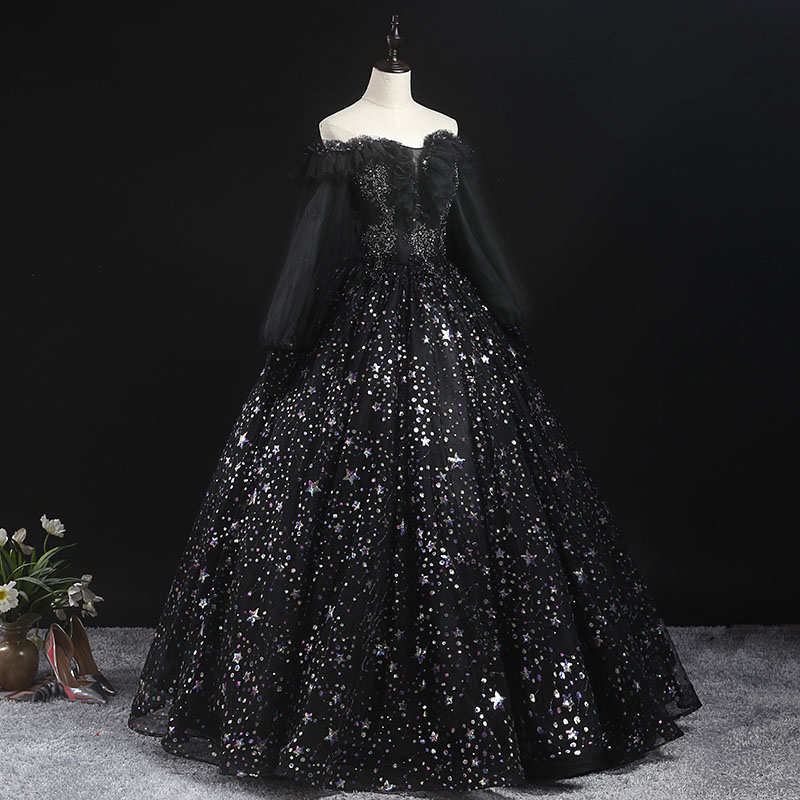 花嫁 パーティードレス オフショルダー 結婚式 ロングドレス 発表会 黒 プリンセスドレス カラードレス 二次会 演奏会 小さいサイズ ウェディング ドレス イブニングドレス 謝恩会 披露宴 大きいサイス ステージ 衣装 カラードレス ブラック 長袖 演奏会用ドレス ロング