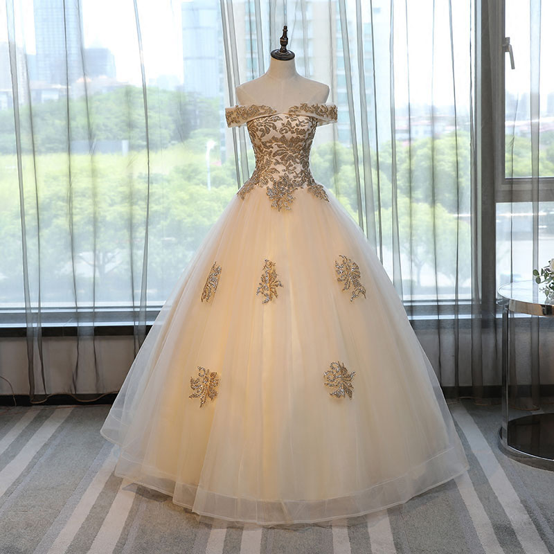 カラードレス シャンパン色 演奏会用ドレス ステージ 衣装 二次会 花嫁 ロングドレス 上品 パーティードレス プリンセスラインドレス プロム ドレス 舞台 ウエディングドレス オフショルダー 刺繍 コンサート セミオーダー 背中編み上げ｜unique weddings
