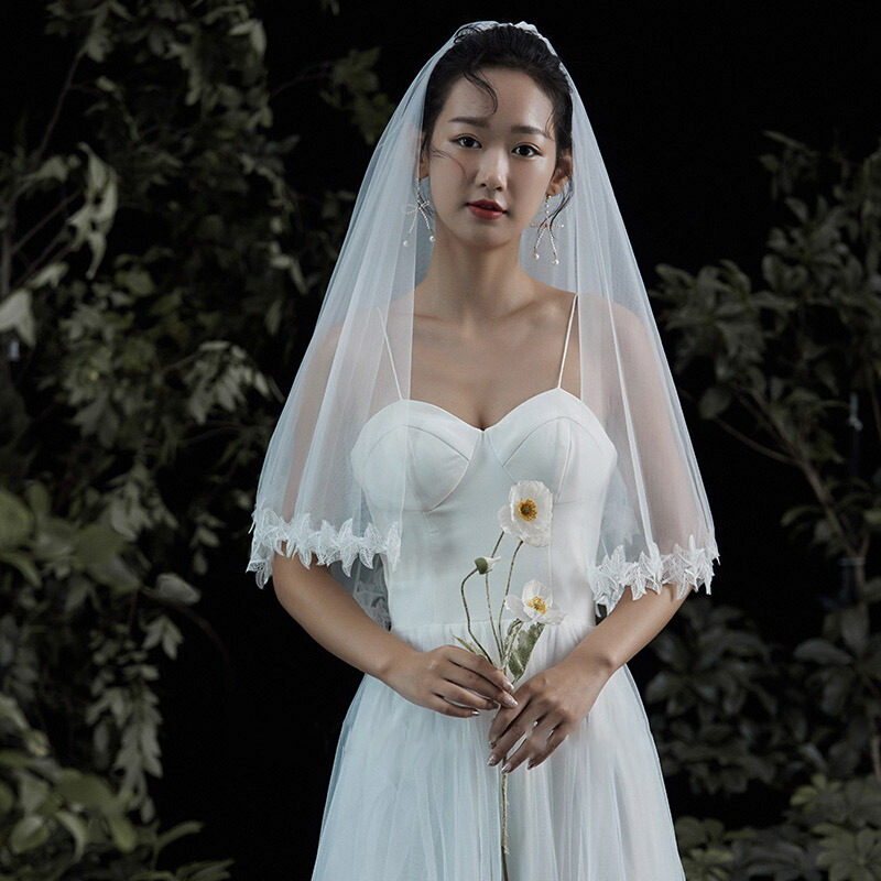 ブライダルベール 春の芽生 ベールアップ 刺繍 二重ベール ウェディングベール セミロング