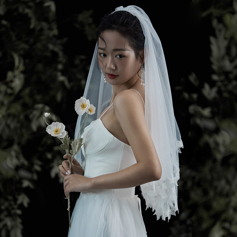 ブライダルベール 春の芽生 ベールアップ 刺繍 二重ベール ウェディングベール セミロング
