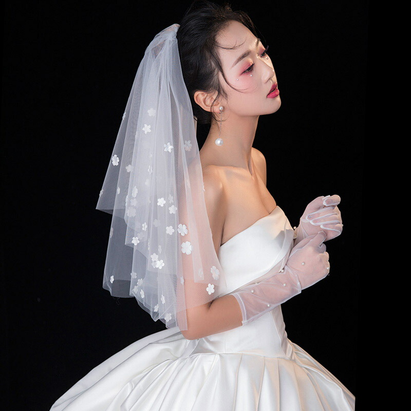 ブライダルベール ベールアップ 御花飾り 結婚式 二重ベール フワフワ 刺繍 マシュマロ 森系 可愛い