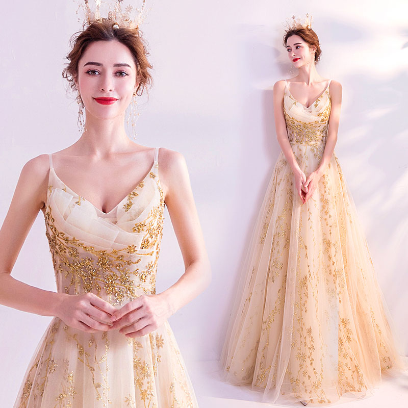 値引きする 楽天市場 カラードレス ロングドレス 花嫁 ステージ衣装 ゴールド 演奏会 パーティードレス 吊りスカート 発表会 二次会 結婚式 フォーマルドレス お嬢様 お呼ばれ ピアノ司会 大人 代30代40代 セミオーダー 編み上げ Unique Weddings レビューで送料