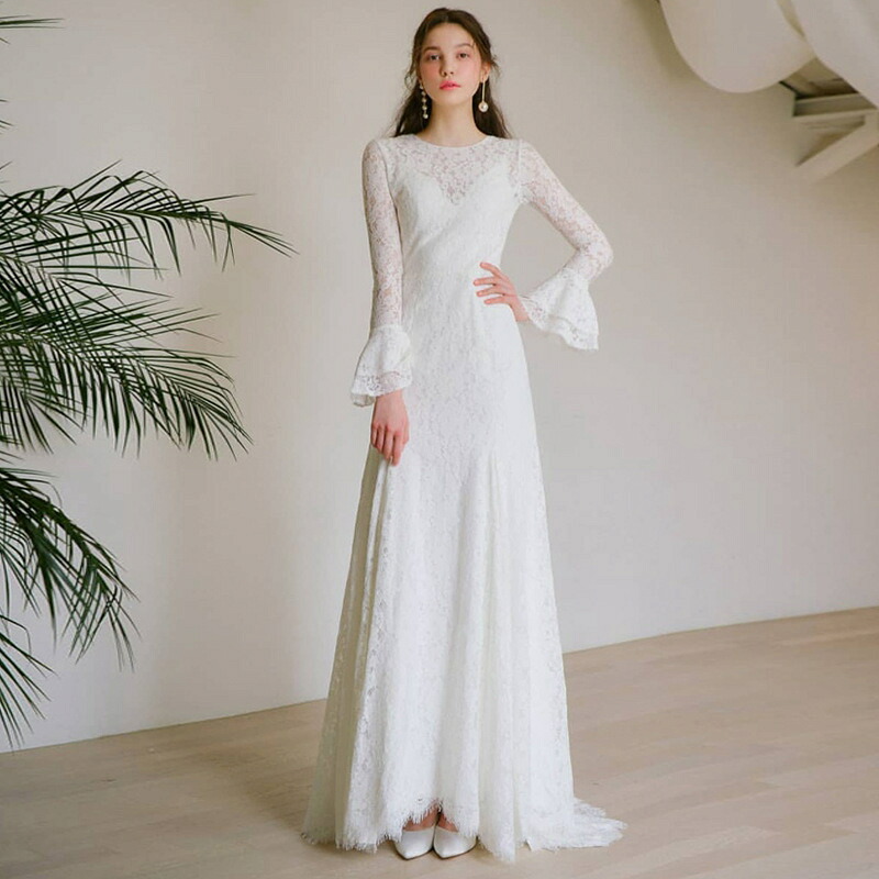 長袖 ウェディングドレス 結婚式 ロングドレス シンプル スレンダーライン マーメイドドレス 二次会 花嫁 レース ロングワンピース トレーンドレス 海外挙式ドレス 後撮り ハワイ 披露宴 着痩せ パーティードレス 撮影 食事会 ビーチフォト オーダーメイド｜unique weddings