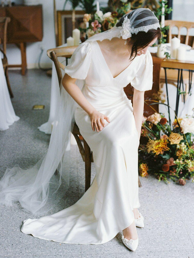 ウェディングドレス 袖あり マーメイドドレス 結婚式 花嫁 ロングドレス 二次会 ロングワンピース スレンダーライン Vネック 海外挙式ドレス 前撮りドレス シンプル 着痩せ パーティードレス おしゃれ 披露宴 女子会 成人式 謝恩会 ブライダル wedding dress｜unique weddings