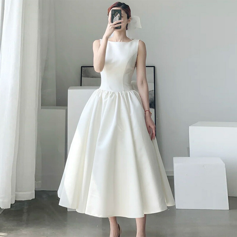 格安店 前撮り ウェディングドレス 袖なし 結婚式 Aラインドレス 二次会 海外挙式ドレス ワンピース バックレス 花嫁 ミディアムドレス 高級感 エレガント パーティードレス 披露宴 フォーマル 謝恩会 卒業式 入学式 食事会 ビーチフォト ハワイ Wedding Dressオーダー