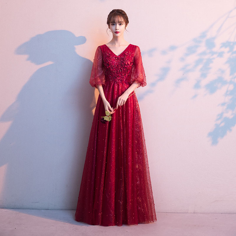 色合いお召しもの 三鞭酒ゴールド ブドウ酒赤いこと チャック 寄り合い フォーマル ロングお召しもの 華燭の典 二次会 告げ知らせる会 華燭の典お召しもの 彼は誰時お召しもの 御客さんお召しもの 5分袖 パフ衣袂 ウェディングドレス 御嬢さん会 同窓会 お祝い はいり込む式 卒式 交歓会 レディースファッション-ドレス