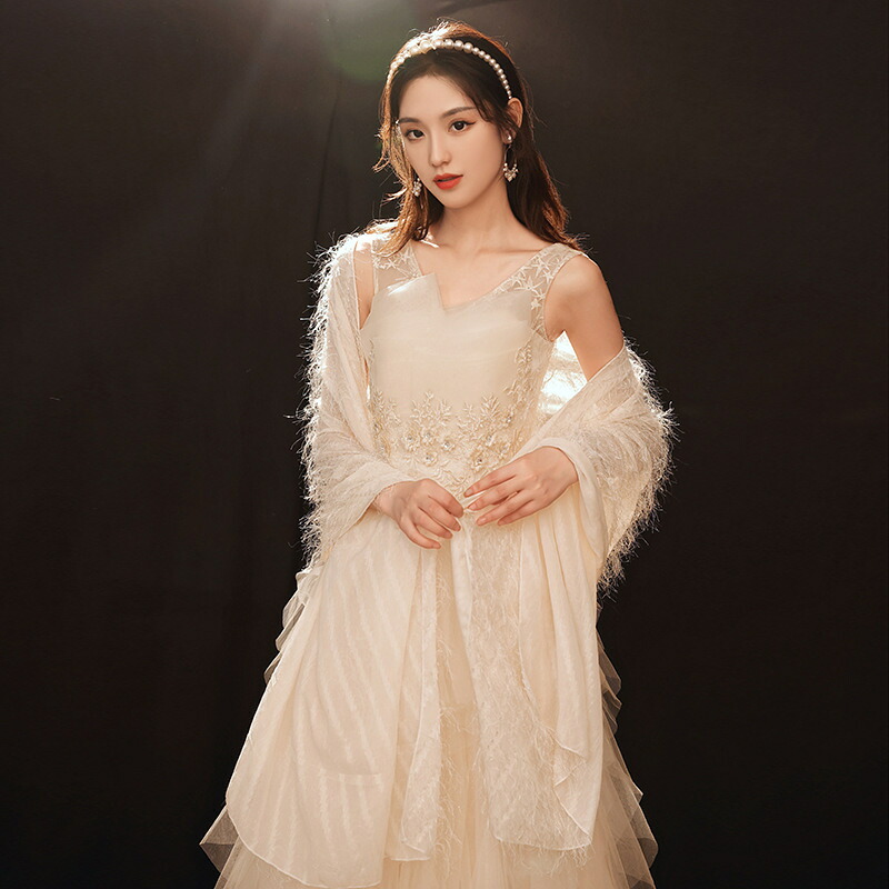 カラードレス 編み上げ パーティードレス フォーマルドレス ロングドレス ショール シャンパン フリル ノースリーブ 結婚式 二次会 発表会 ミモレドレス 袖なし ゲストドレス ウェディングドレス ウエディングドレス イブニングドレス 演奏会 披露宴 Aラインドレス|unique weddings