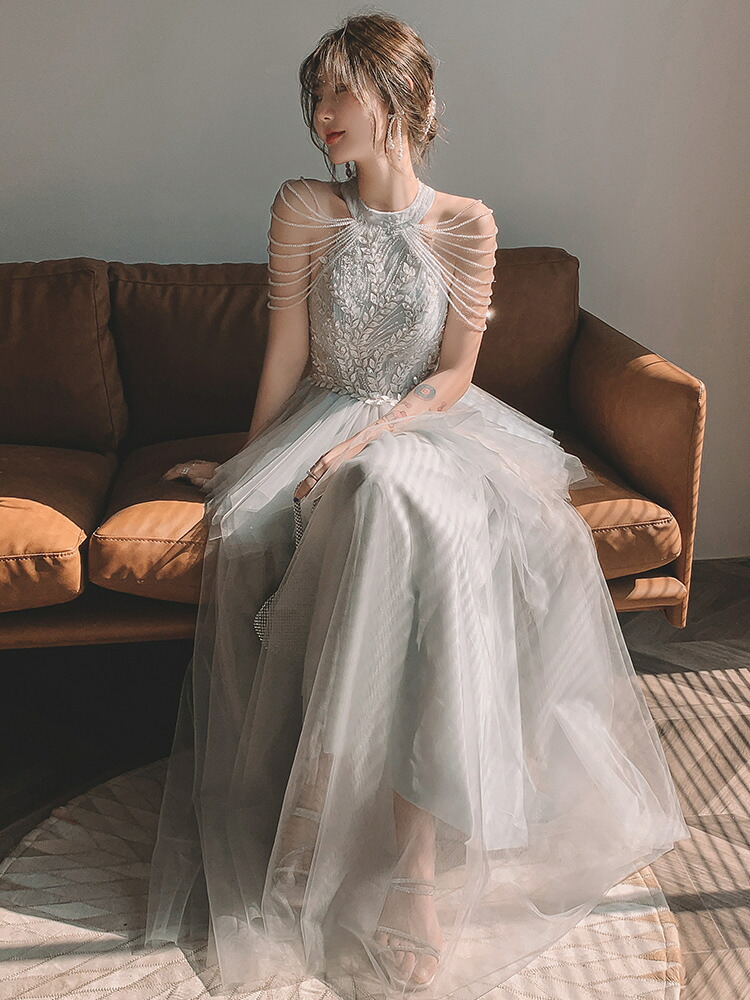 カラードレス ファスナー パーティードレス フォーマルドレス ロングドレス グレー ホルターネック ビーズ フリル 結婚式 二次会 発表会 カクテルドレス お洒落 ゲストドレス ウェディングドレス ウエディングドレス イブニングドレス 演奏会 披露宴 Aラインドレス|unique weddings