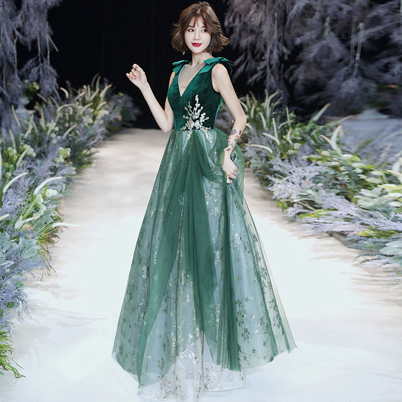 【MAC DUGGAL】ロングドレス グリーン ビスチェ 花柄 ノースリ Green Embellished Mesh Long Sleeve A Line Gown - Mac Duggal
