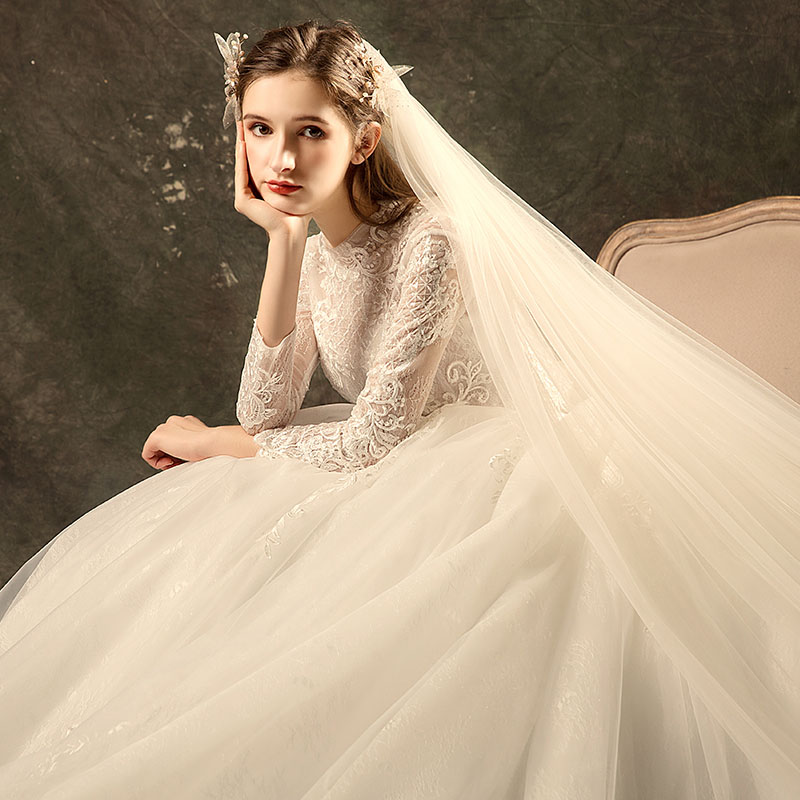 超激安 結婚式 花嫁 ウェディングドレス 上品 二次会 披露宴 パーティードレス ワンピース プリンセスドレス Wedding Dress ブライダル ロングドレス 長袖 お嬢様 パーティードレス スタンドカラー ロングトレーン 刺繍 セミオーダー 編み上げ 即納最大半額 Www