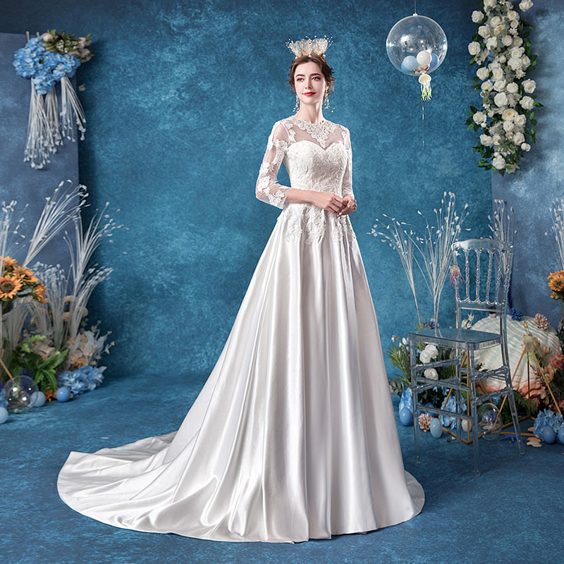 結婚式 花嫁 ウエディングドレス 七分袖 二次会 wedding dress 上品 ブライダル パーティードレス サテン プリンセス ロングドレス お嬢様 刺繍 披露宴 海外挙式 写真撮り用 セミオーダー/ファスナー｜unique weddings