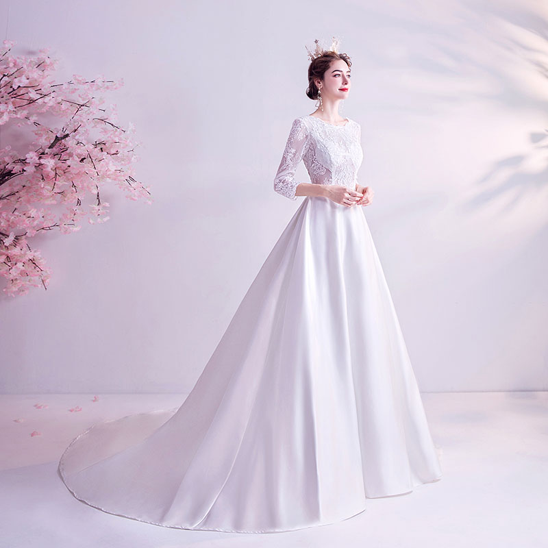結婚式 花嫁 ウエディングドレス 七分袖 二次会 wedding dress 上品 ブライダル パーティードレス サテン プリンセス ロングドレス お嬢様 刺繍 披露宴 透け感 海外挙式 写真撮り用 セミオーダー/ファスナー|unique weddings