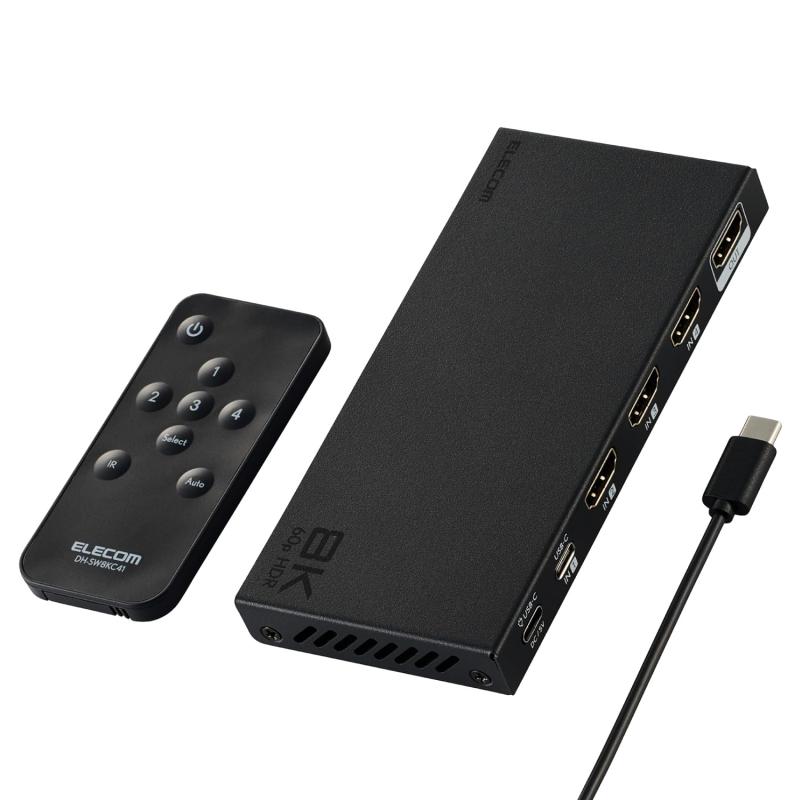 エレコム HDMI 切替器 8K 60Hz 4入力1出力 (HDMI×3+Type-C×1) リモコン付き 【自動・手動切替】 DH-SW8KC41BK/E