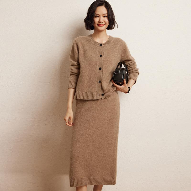 ニット セットアップ レディース 秋冬 ウール カシミヤ混 カーディガン タイトスカート 2点セット クルーネック 長袖 ロング丈｜ユナイテッドショップ