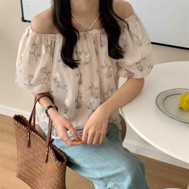 シャツ レディース 春夏 花柄 パフスリーブ シフォン チュール スクエアネック オフショルダー ブラウス 大人かわいい フェミニン エレガント きれいめ 透け感 軽やか 涼しい 通勤 通学 デート カジュアル 普段使い｜ユナイテッドショップ