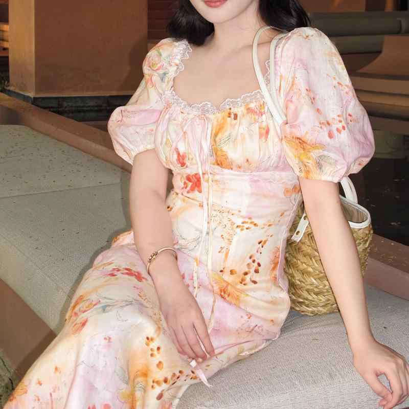 ワンピース レディース 春夏 フレンチスタイル リネン 花柄 スクエアネック ロング丈 茶歇裙｜ユナイテッドショップ