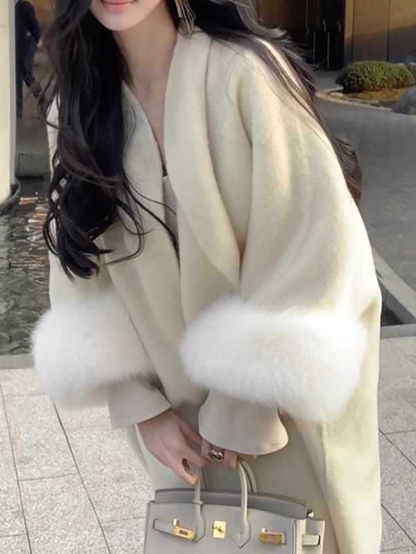 コート レディース 秋冬 狐毛 ファー付き ポンチョ マント 高級感 ゆったり ロング丈 おしゃれ エレガント きれいめ 無地 ウール混 上着 アウター|ユナイテッドショップ