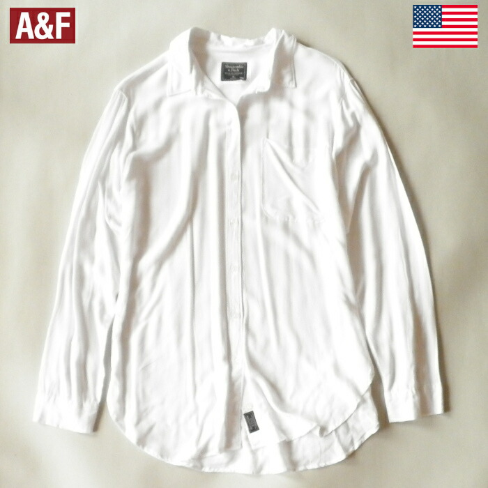 【訳あり商品】 アバクロ レディース ホワイトシャツ Abercrombie&Fitch 長袖 アバクロンビー ロゴパッチ レーヨン 透け感あり ヨゴレあり ホワイト 白シャツ 白色 レディースMサイズ ※メール便ネコポスPOST投函送料無料 送料込み