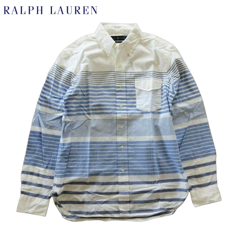 ラルフローレン ボーダーシャツ 長袖 ボタンダウン フラップ付きポケット クラシックフィット RALPH LAUREN ボタンダウン マルチボーダー ライトブルー×ホワイト×ネイビー メンズSサイズ 送料無料