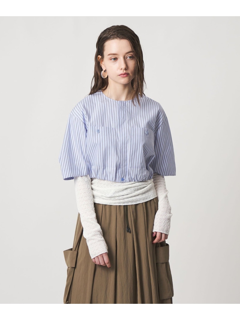 ＜ASTRAET＞ストライプ 2ポケット クロップド ノーカラーブラウス ASTRAET ユナイテッドアローズ トップス シャツ・ブラウス ピンク【送料無料】[ Fashion]