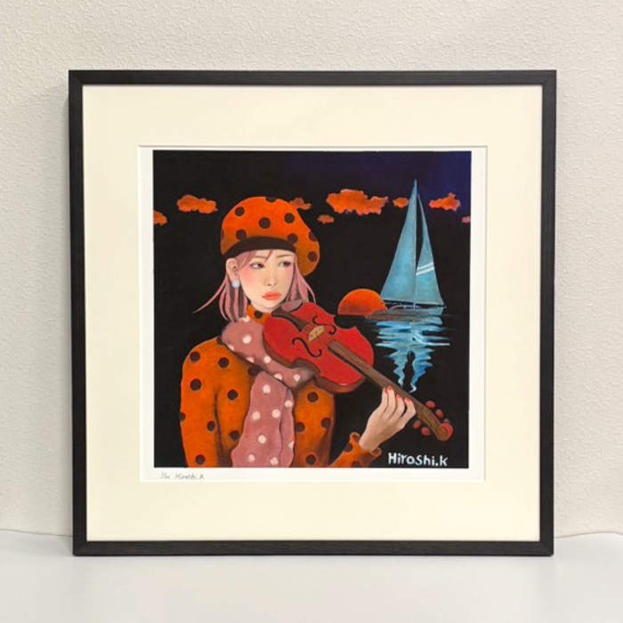 版画 インテリアアート フレーム付き「潮騒のコンチェルト」黒木博 直筆サイン エディションナンバー 限定 バイオリン 海 プルシアンブルー S6サイズ 送料無料 おしゃれ 壁掛け プレゼント ギフト｜ユニバーサルコーポレーション