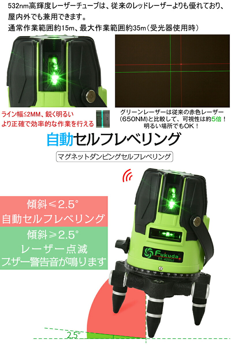 1年間引きうける Fukuda フクダ 5蹊 緑レーザ墨出し器物 Ek 400gj 4道順過激矩ライン 4鉛直 1レブル 6点 レーザー墨出し器 レーザーレベル 墨出器 水平器 レーザーライン 隅だし 場墨ポイント 測定 測量器 新築 Cannes Encheres Com